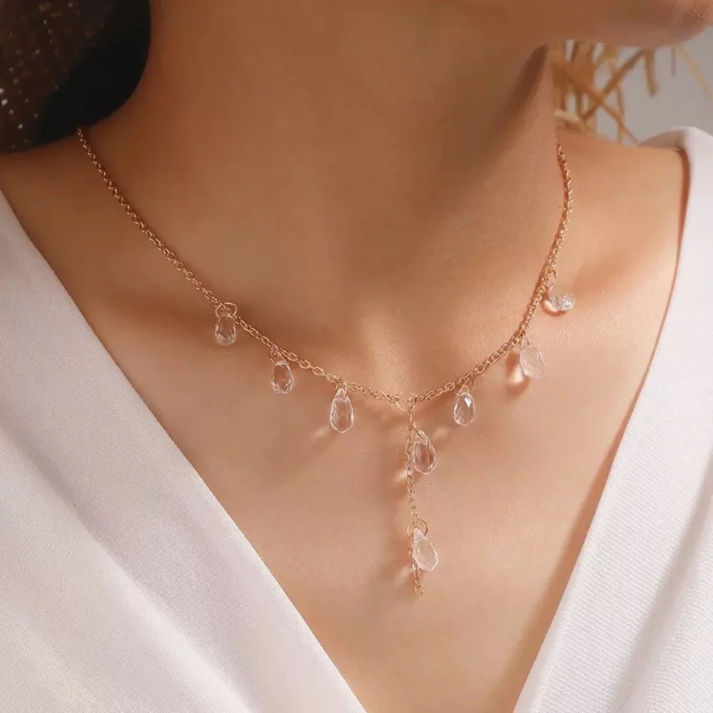 "Vera" Teardrop Gem Layered Minimalist Statement Casual/Formal Gold Necklace - Picture 3 of 7